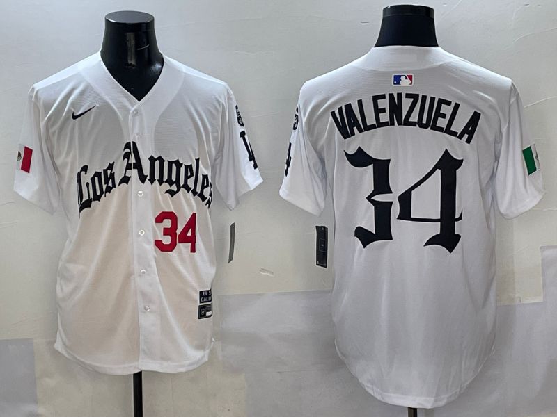 Men Los Angeles Dodgers #34 Valenzuela White Five generations Joint Name 2025 Nike MLB Jersey style 11